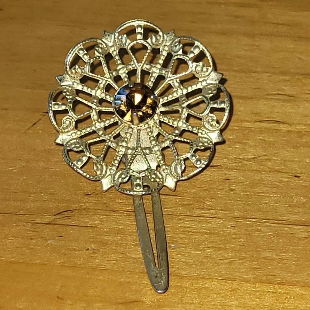 Vintage JAPAN Filigree Flower Hair Clip Smoky Rhinestone Silver Tone